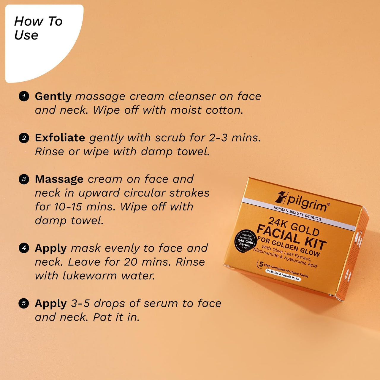 Pilgrim 24K Gold Facial Kit for Instant Radiance & Golden Glow: Includes Gold Cleanser, Scrub, Massage Cream, Facial Mask, Red Vine Mist & Toner (30ml)