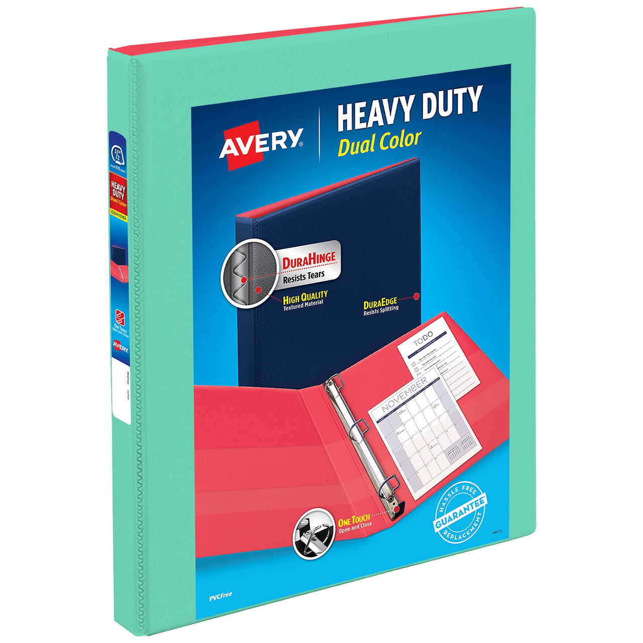 Avery Heavy-Duty Dual Color 3 Ring Binder, 1/2 Inch Slant Rings, Mint/Coral View Binder (17881) .5"