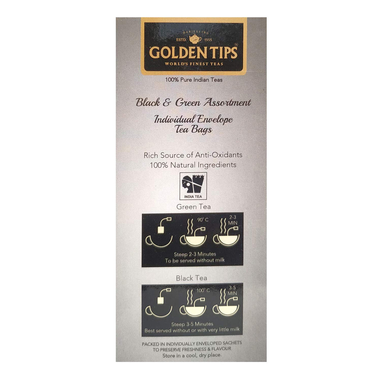 Golden Tips-Tea Bags 100% Pure Indian Black & Green Assortment Individual Tea Bags | 24 Tea Bags | 48 Grams