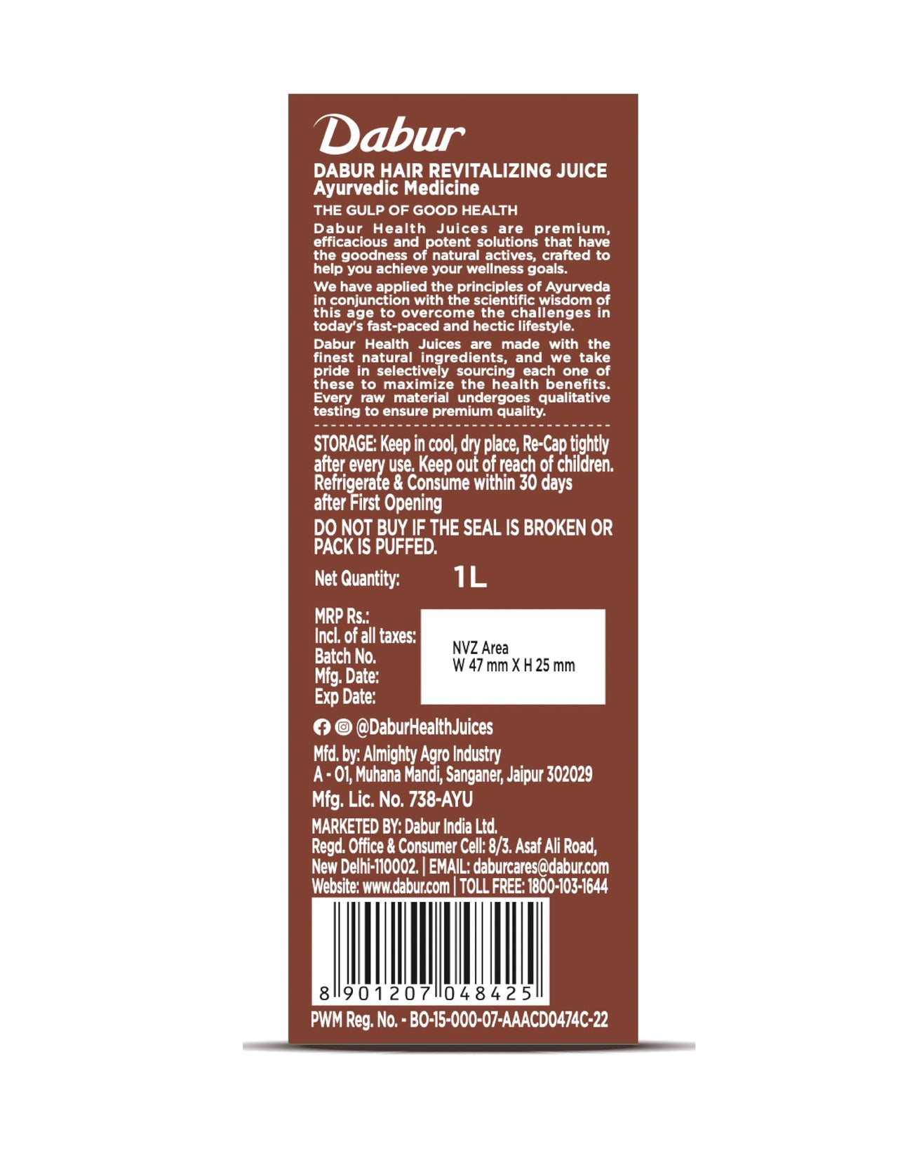 Dabur Hair Revitalizing Juice - 1L | Hair Care Juice for Hair Growth & Hair Fall Control | Enriched with 5+ Powerful Ingredients | No Artificial Colors, Flavours & Sugars