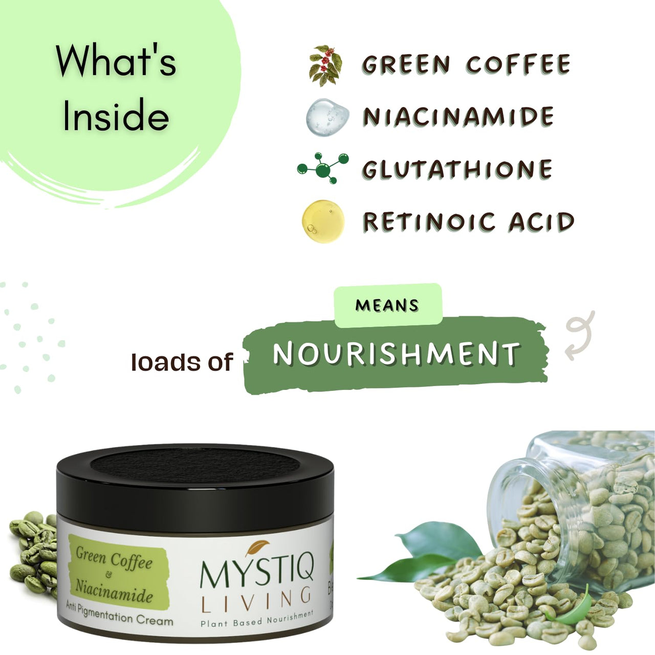 Mystiq Living Pigmentation Cream With Alpha Arbutin, Kojic Acid, Retinol & Niacinamide | Green Coffee Blemish Clear Cream for Dark Spots on Face - 50GM | Men & Women