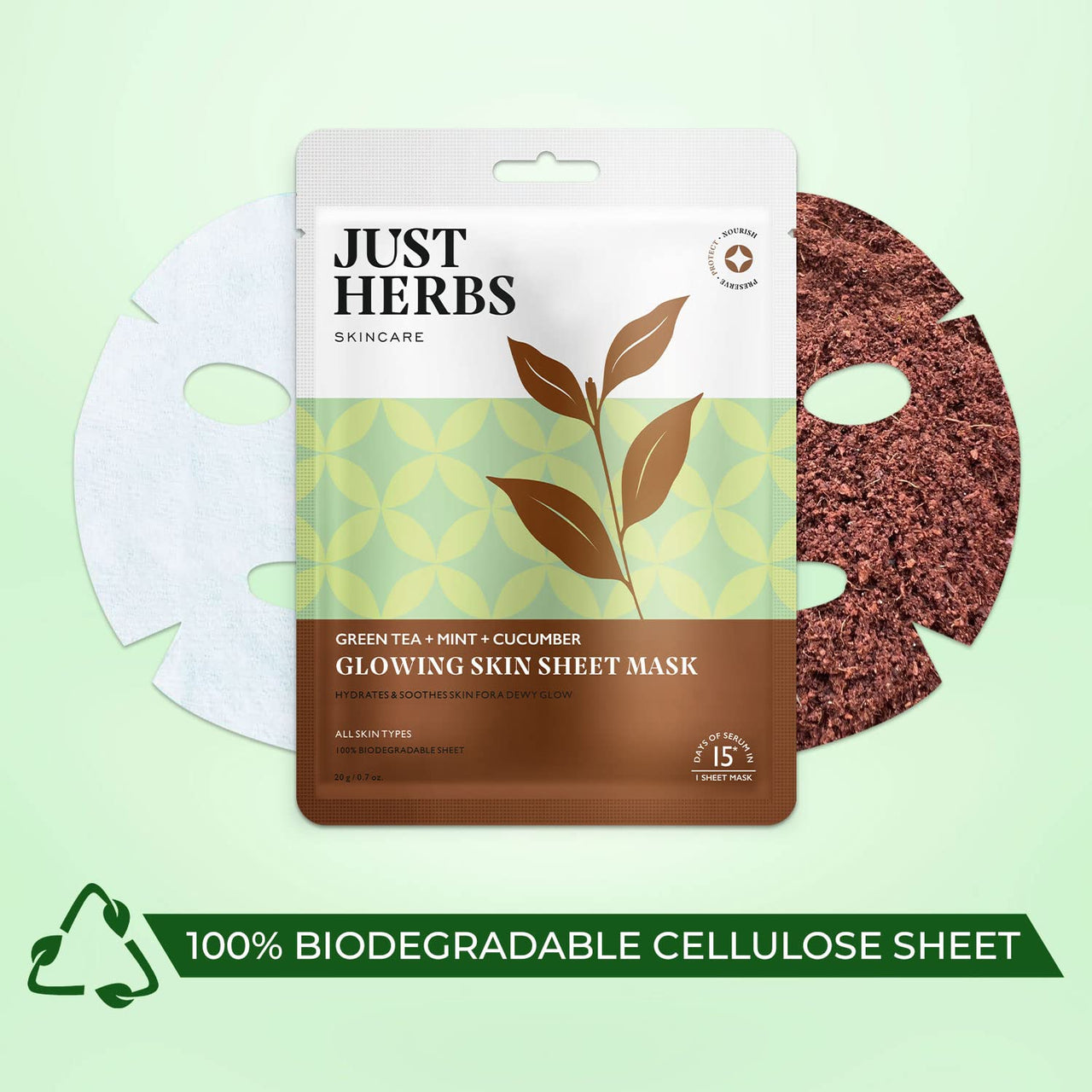 Just Herbs Sheet Mask Glowing Skin Serum Masks, 20g (Green Tea, Mint, Cucumber)