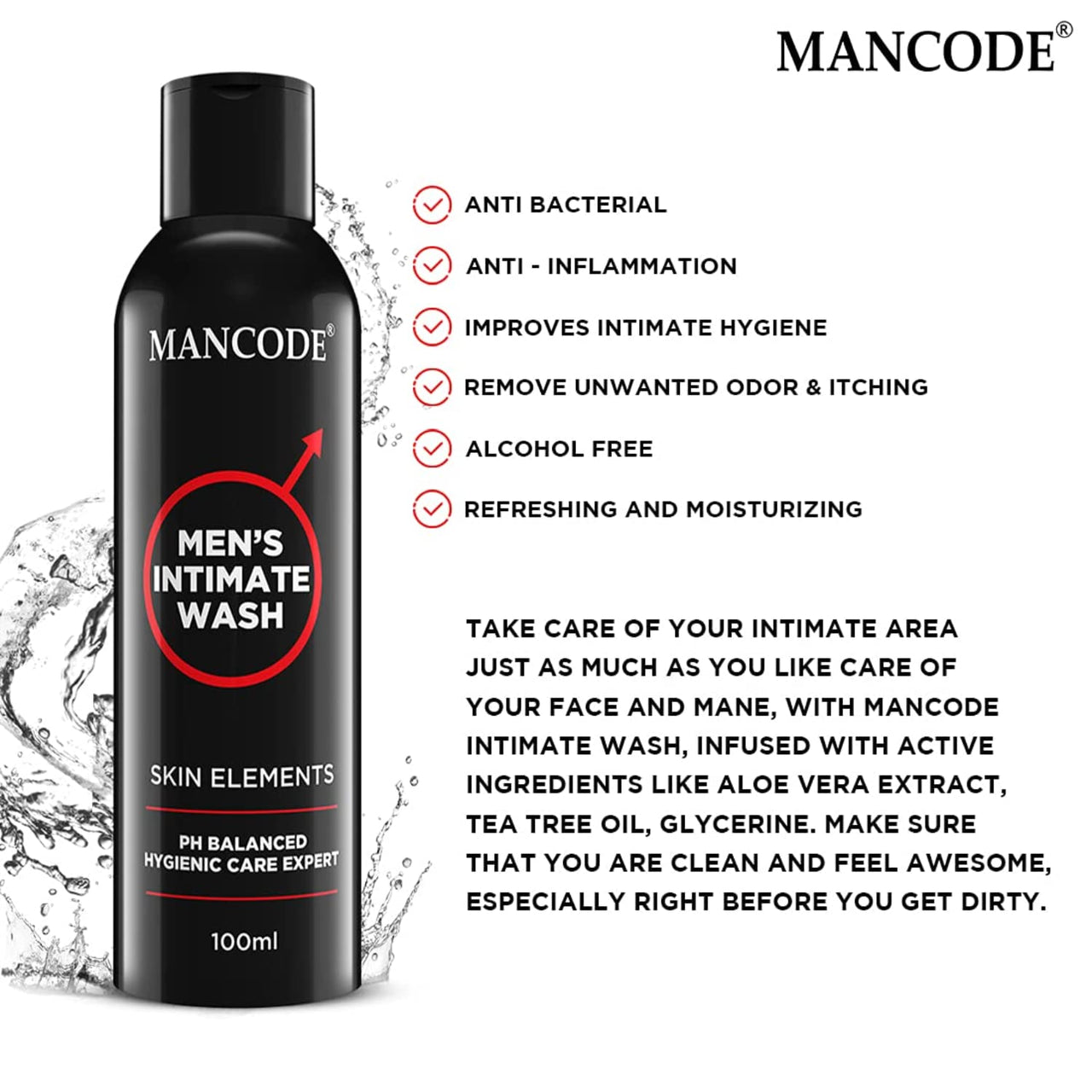 Mancode Intimate Wash For Men - Pack of 2 x 100ml with Tea Tree Essential Oil Ayurvedic & Natural Personal Intimate Hygiene Prevents Itching Irritation & Dryness Caused By Sweating Ball Wash for Men.