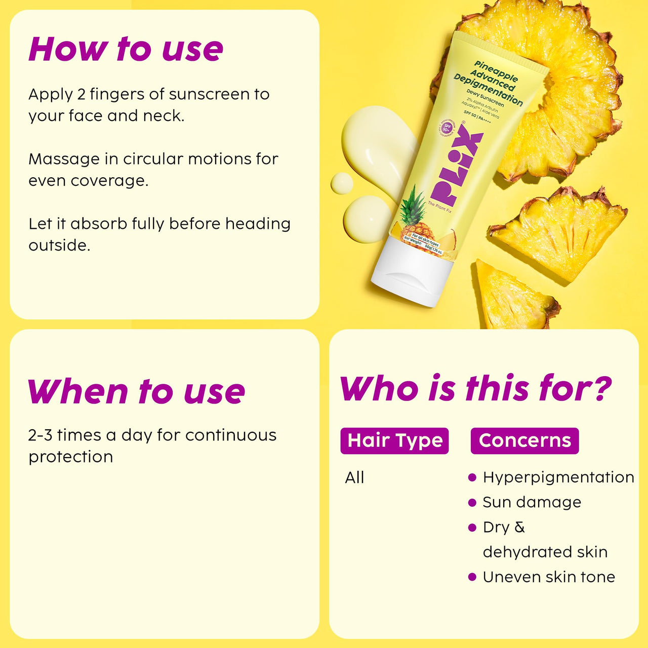 PLIX - THE PLANT FIX Pineapple Advanced Depigmentation Dewy Sunscreen SPF 50 PA++++ | Alpha Arbutin & Aquaxyl | Reduces Pigmentation, Protects from UV & Blue Light, Hydrates Skin | Vegan & Paraben-Free | 50g