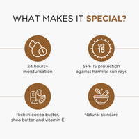 Oshea Herbals Cocoa Butter Deep Moisturising Body Butter for Dry to Normal Skin SPF 15 with 24+ Hrs Moisturizing | Enriched with Cocoa Butter, Shea Butter & Vitamin E | Paraben & Mineral Oil Free 200g