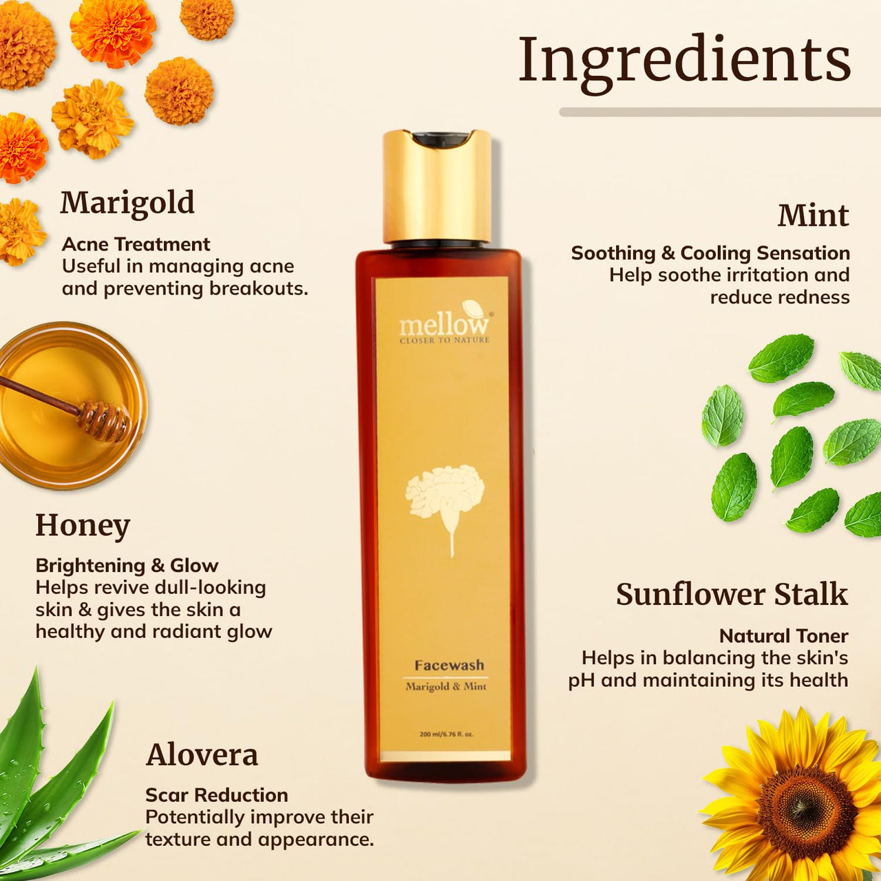 Mellow Herbals Marigold & Mint Facewash | Ayurvedic Face Cleanser for Clear & Glowing Skin | Enriched with Aloe Vera, Honey & Mint for Hydration & Oil Control | Sulphate-Free, Paraben-Free & Ayush Certified | 200ml