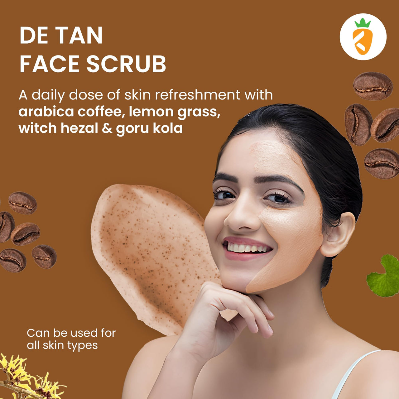 Karrot Natural Skincare Coffee Scrub, Fades Tan, Blackhead Removal Cream, Exfoliates Dead Cells, Anti Inflammatory, Made with Gotu Kola and Lemongrass, For Men and Women, All Skin Types, 100gms