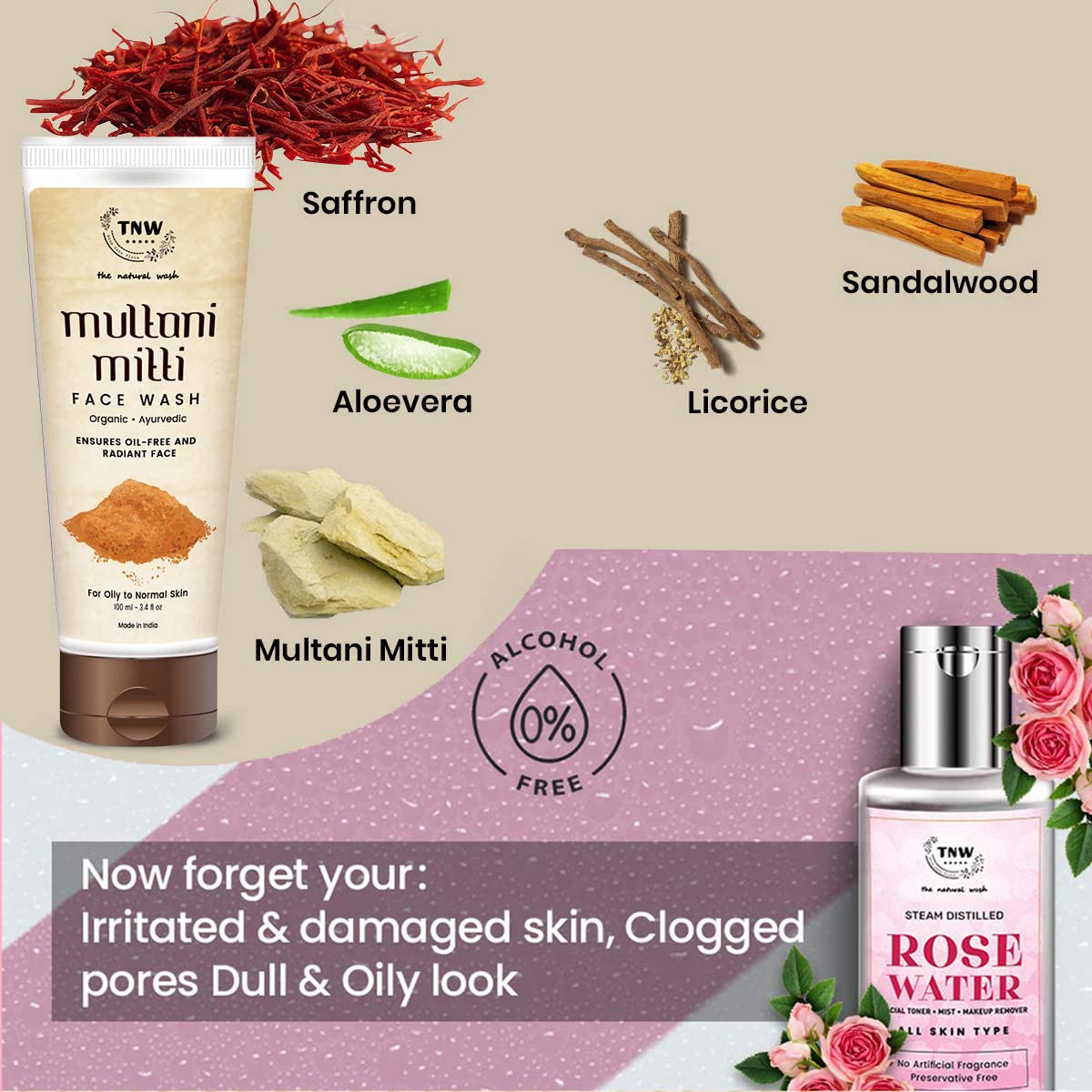 TNW-The Natural Wash Multani Mitti Face Wash (100ml) & Steam Distilled Rose Water (100ml) | Face Wash and Rose Water/Makeup Remover for All Skin Types | Combo