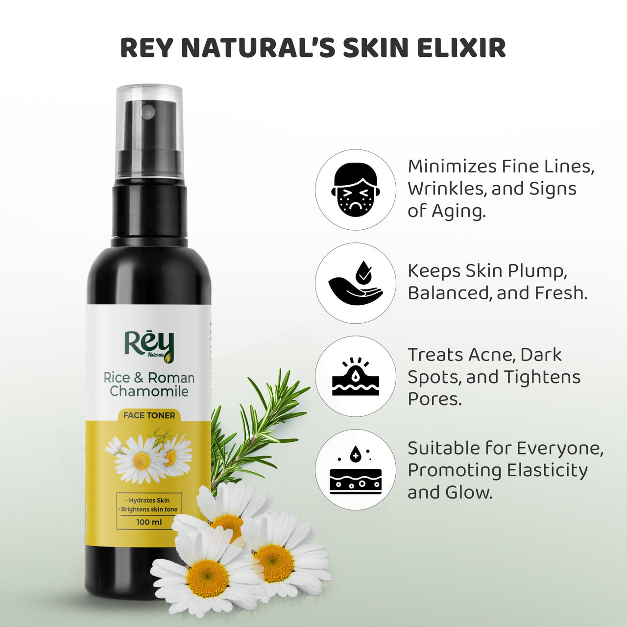 Rey Naturals Aqua Range | Roman Chamomile Plus Rice Toner For Glowing Skin - 100ml | Non-Oily Rice Water Toner Korean For Women & Men | Toner For Clear, Glass & Smooth Skin | For All Skin Types