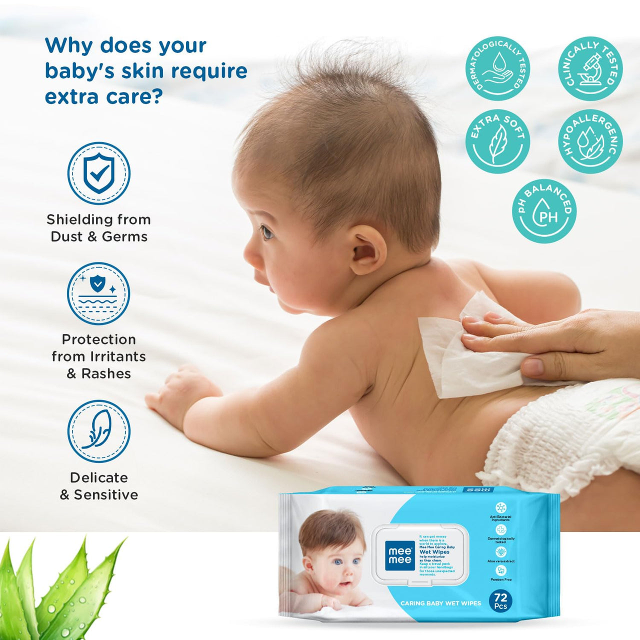 Mee Mee Caring Baby Wet Wipes with lid, 72 Pcs (Aloe Vera, Pack of 3)
