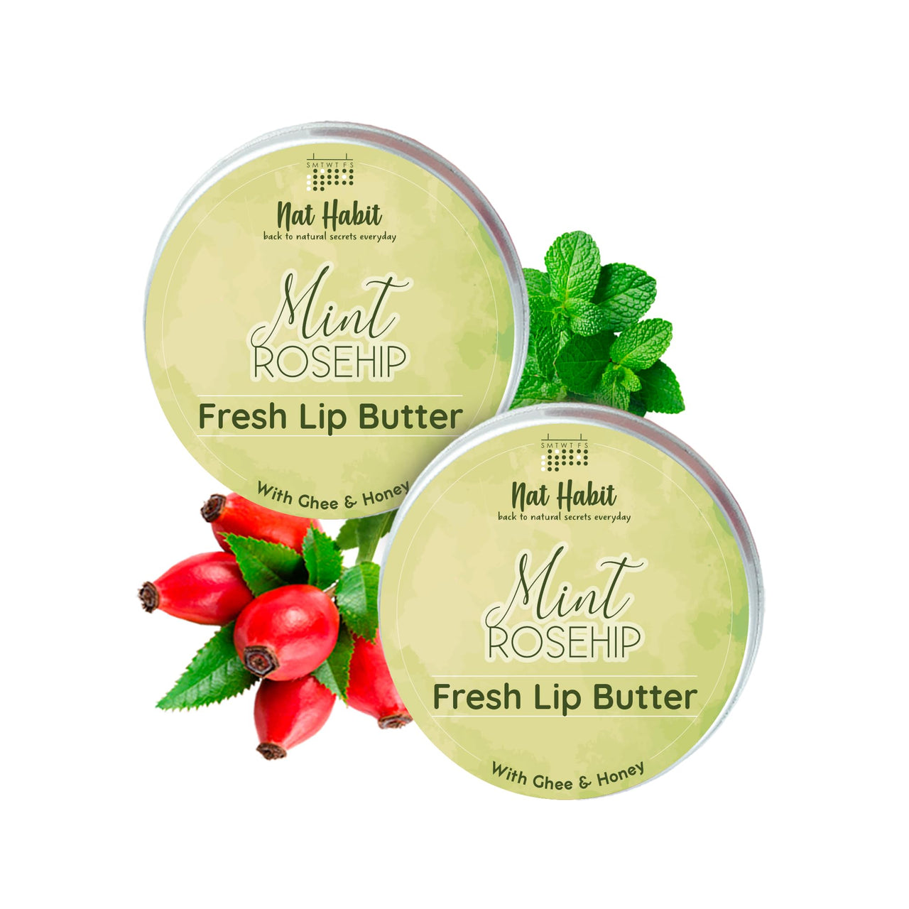 Nat Habit Mint Rosehip Lip Balm Fresh Infused Lip Butter With Desi Ghee & Raw Honey For Lip Pigmentation, Lightening, Lip Repair, Dark And Chapped Lips - 10gm (Pack of 2)