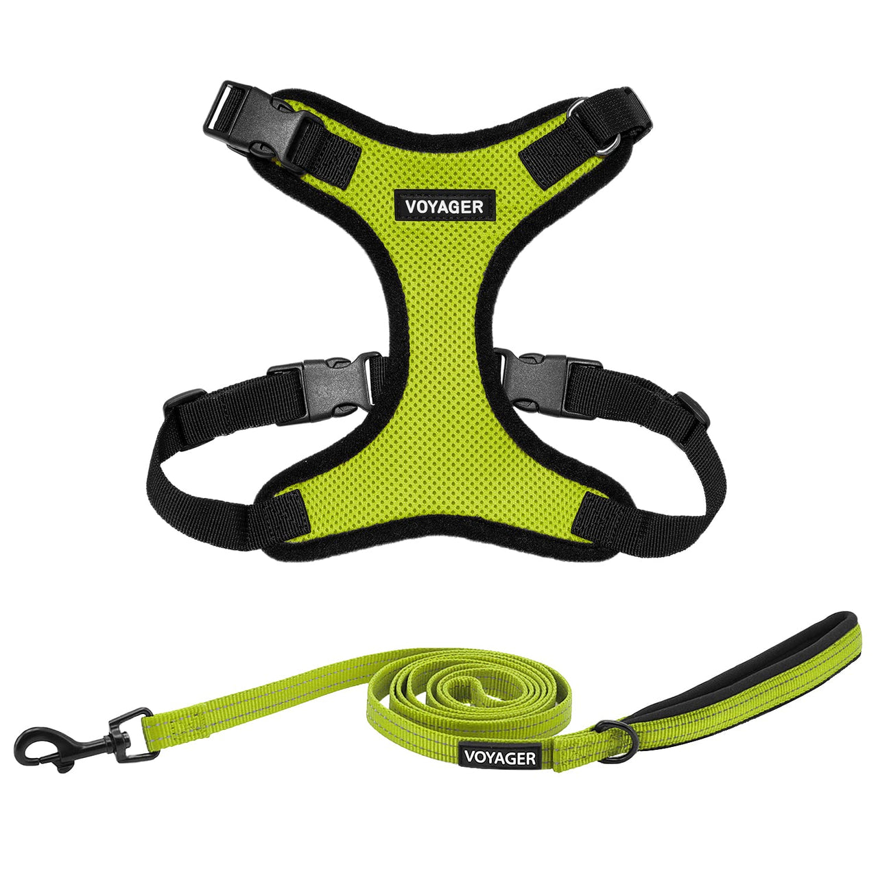 Voyager Step-in Lock Dog Harness w Reflective Dog Leash Combo Set with Neoprene Handle 5ft Supports Small, Medium and Large Breed Puppies Cats by Best Pet Supplies Lime Green Black Trim, XL