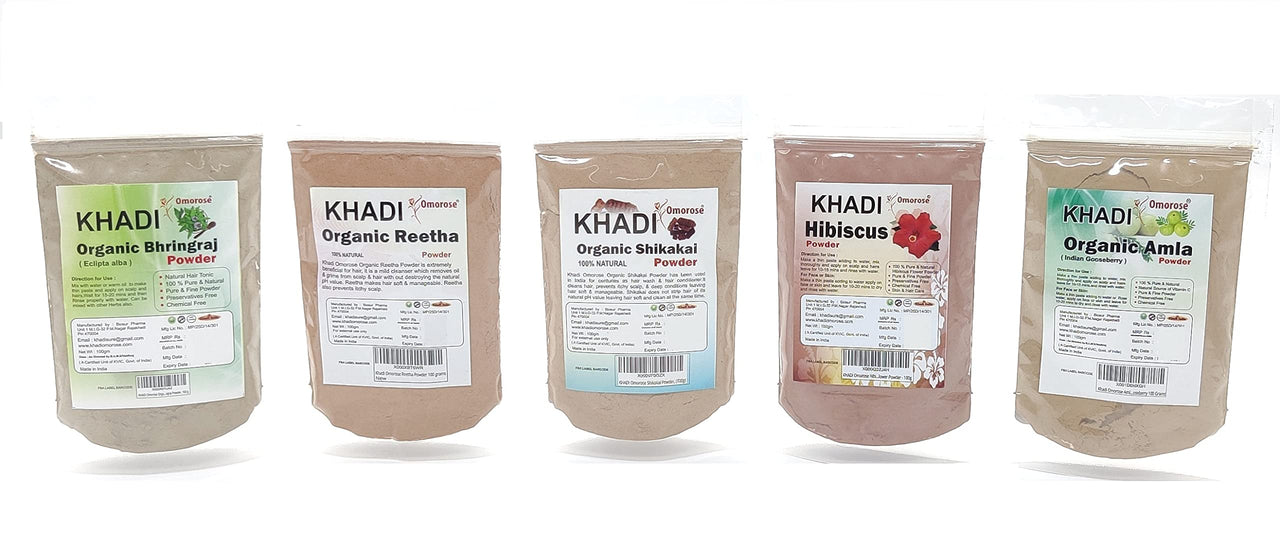 Khadi Omorose Amla Reetha Shikakai Bhringraj Hibiscus Powder combo (Pack of 5)