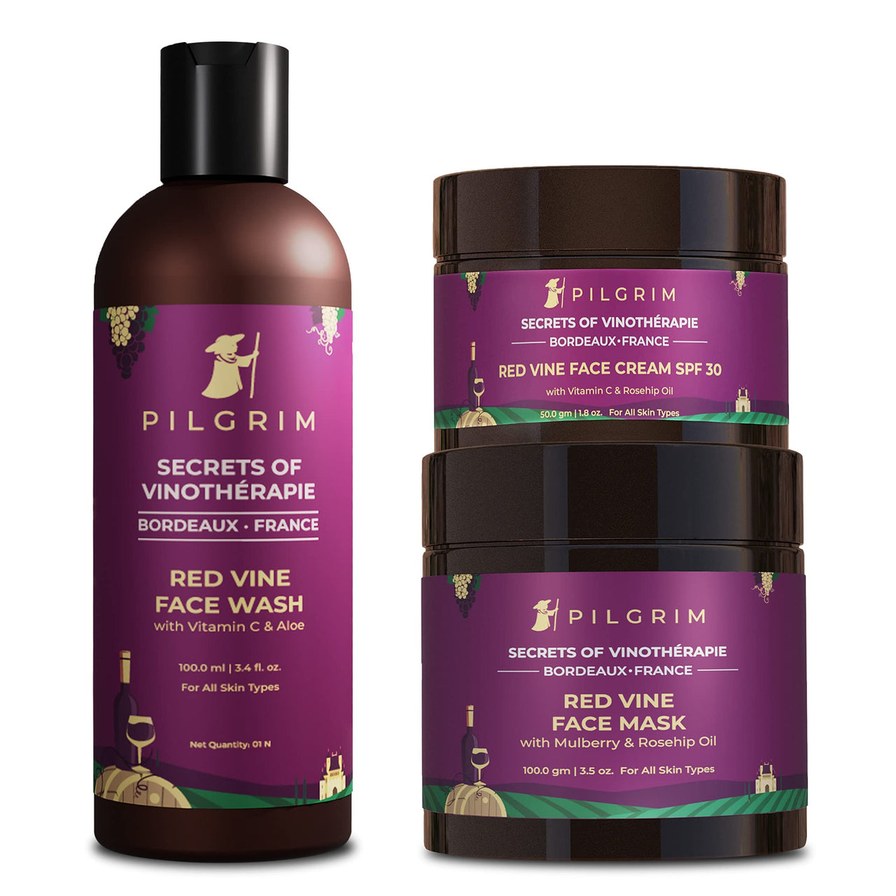 Pilgrim Red Vine Skin Brightening & Firming Kit | Face Mask 100g, Cleansing Wash 100ml, Brightening Cream SPF 30 50g | For All Skin Types | Unisex Face Care Kit