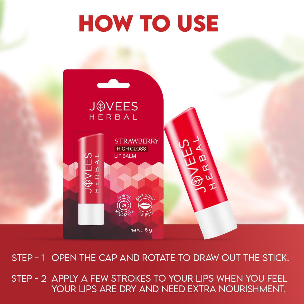 Jovees Herbal Strawberry High Gloss Lip Balm For Soft, Glossy And Supple Lips | 24 Hour Hydration | Rejuvenates Dark, Pigmented, Dry, Chapped And Discoloration Lips- 5g