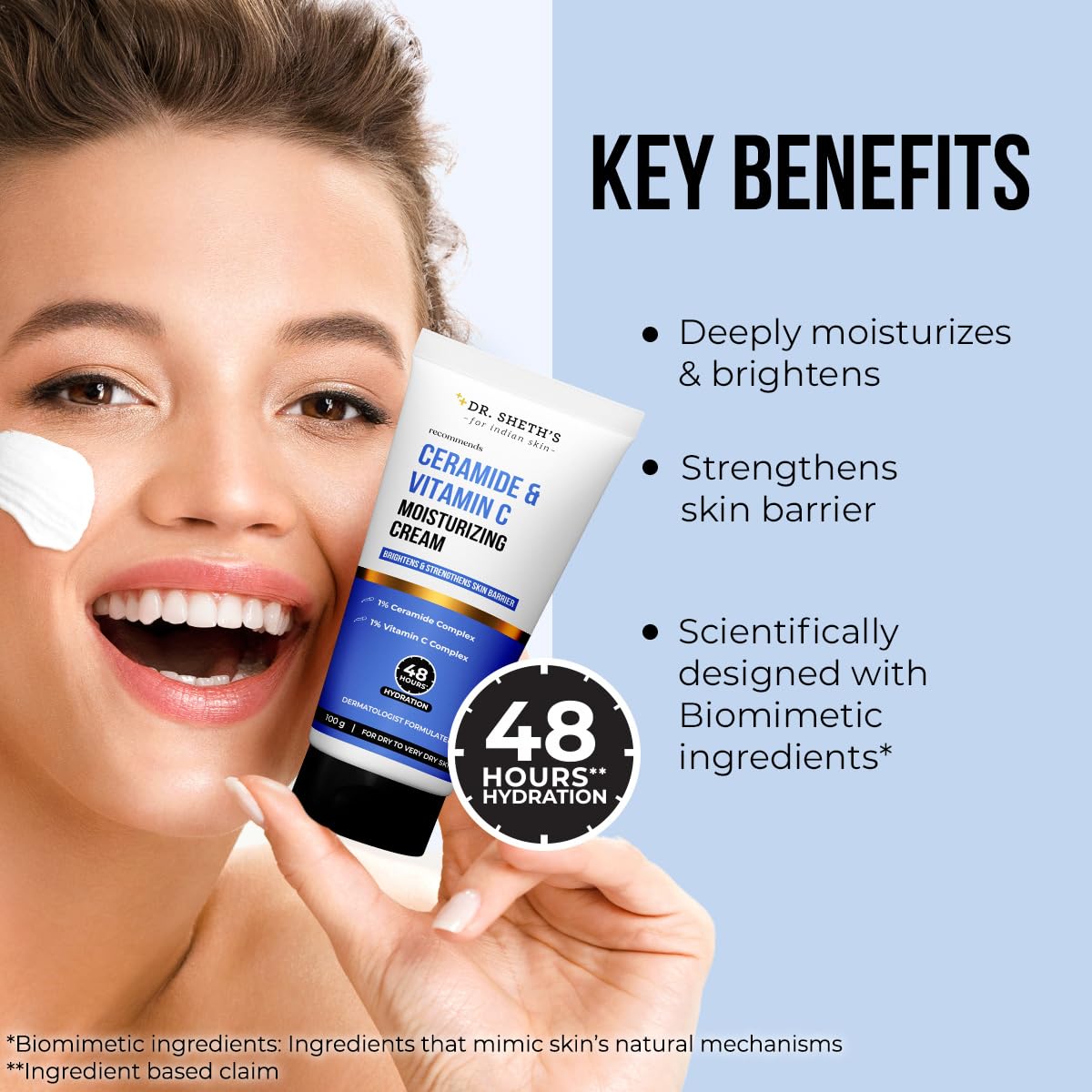 Dr. Sheth's Ceramide & Vitamin C Moisturizing Cream |For Dry to Very Dry Skin | Brightens & Strengthens Skin Barrier | 48hr Deep Hydration | Non Sticky | Biomimetic Ingredients | For Men & Women |100g