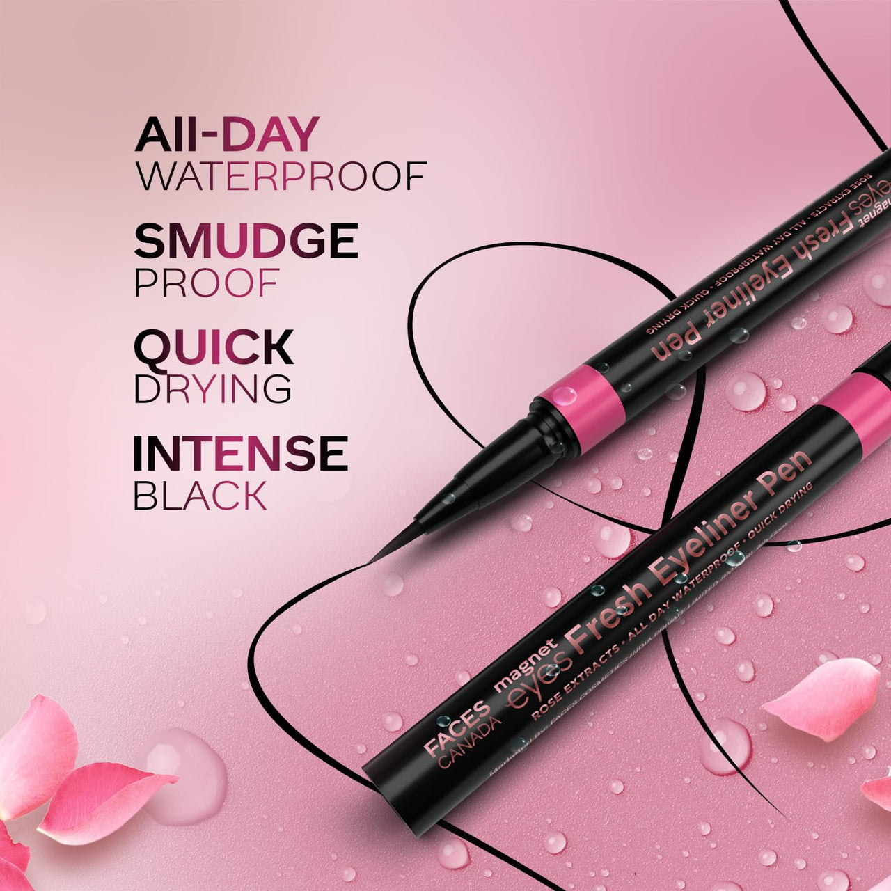 FACES CANADA Magneteyes Fresh Eyeliner Pen - Black, 1ml | All - Day Waterproof & Smudgeproof | Long-Lasting | Intense Color Payoff | Quick Drying & One Stroke Application | Rose Extract