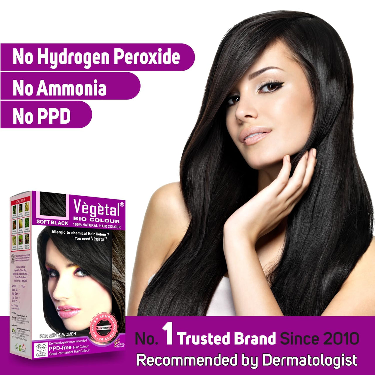 Vegetal Bio Hair Colour Soft Black 50g (Pack of 2) Achieve Natural, Ammonia-Free Hair Color PPD-Free, 100% Herbal Certified Organic for Men & Women UV Protection & Luster Maintenance Complete Kit