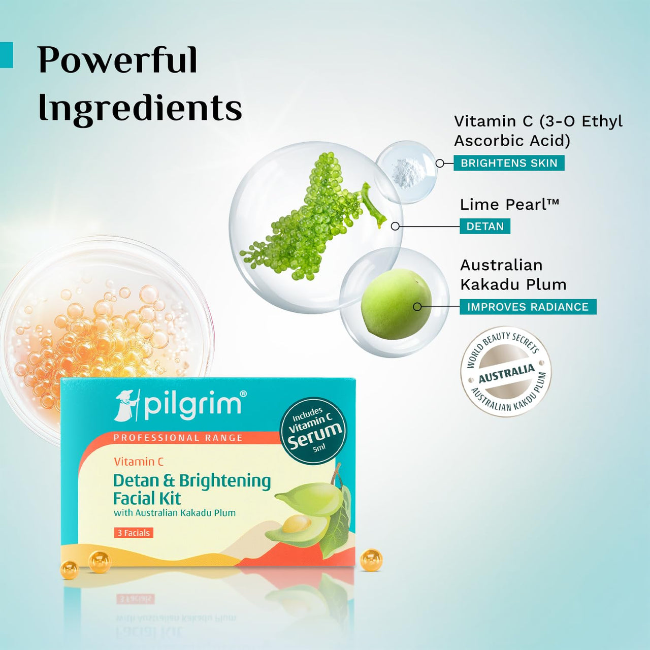 Pilgrim Vitamin C Detan & Brightening Facial Kit with Australian Kakadu Plum | Reduces Tan, Smoothens & Brightens Skin | Facial kit for glowing skin with Vitamin C Serum 5ml | All Skin Types |