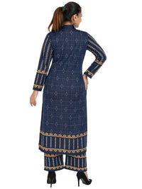 Rosary Women's  Woolen Winter Wear Mandarin Neck Full Sleeve Two Side Pocket Straight Kurta with Palazzo & Stole Set of 3 pc M Navy
