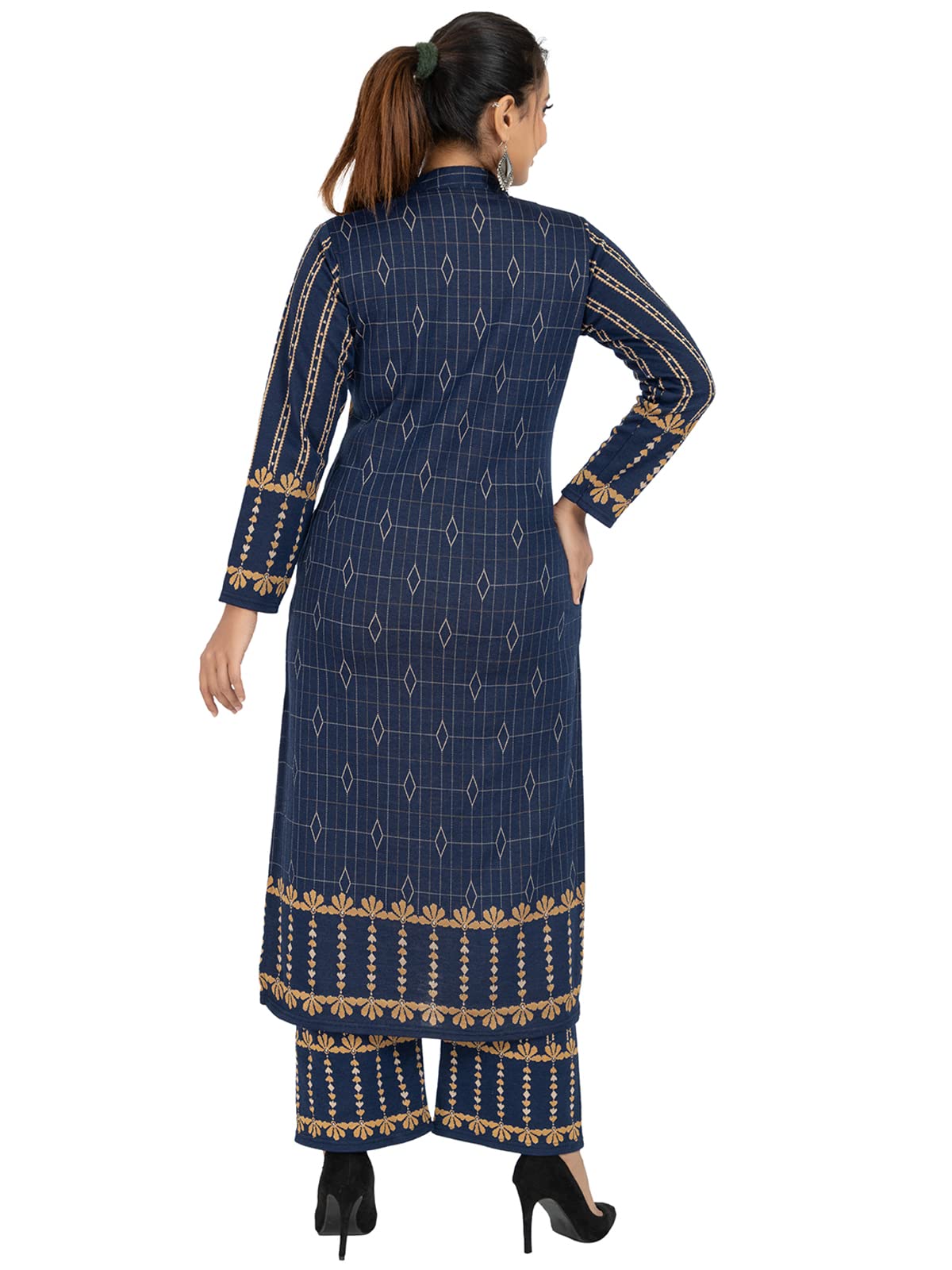 Rosary Women's  Woolen Winter Wear Mandarin Neck Full Sleeve Two Side Pocket Straight Kurta with Palazzo & Stole Set of 3 pc M Navy