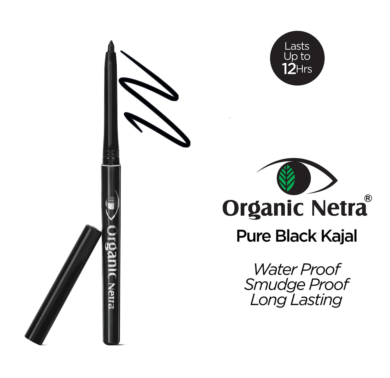Organic Netra Pure Black Pencil Kajal Waterproof, Smudgeproof and Long Lasting Upto 12Hrs Enriched With All Natural Ingredients, Intense Colour, Matte Finish