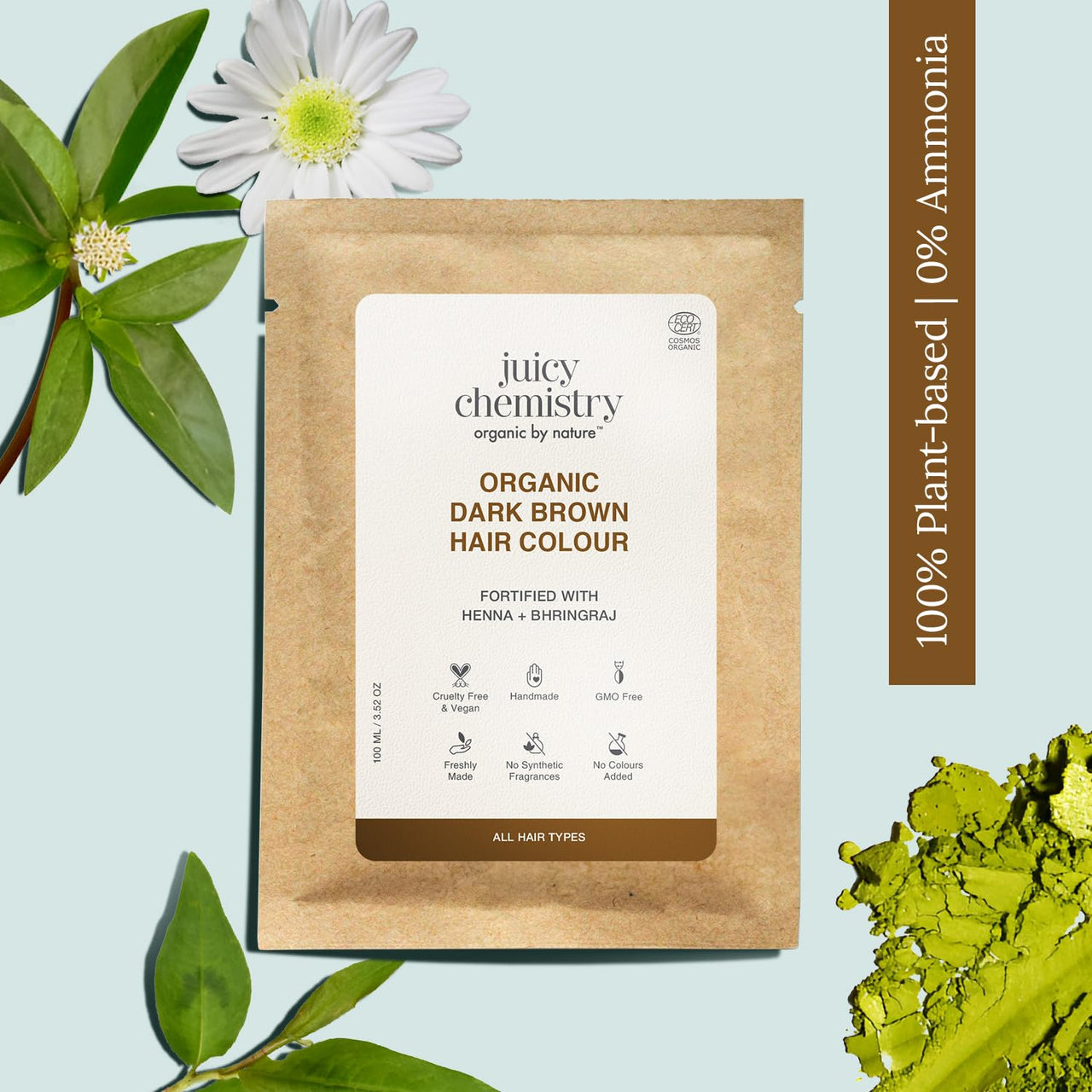 Juicy Chemistry 100% Organic Hair Colour - Americano(Dark Brown) 200 gms, Chemical-Free, Long-Lasting Grey Coverage | All Natural Semi Permanent Hair Colour, Safe for Sensitive Scalp