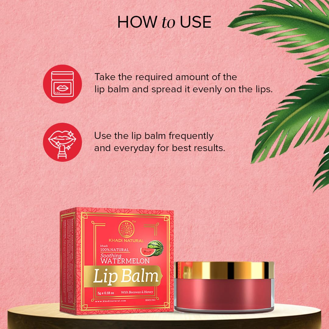 Khadi Natural Watermelon Lip Balm with Beeswax and Shea Butter| Lip Balm for Soft Lips | Nourishing Lip Balm for Dry Lips | Unisex Lip Balm| 5g