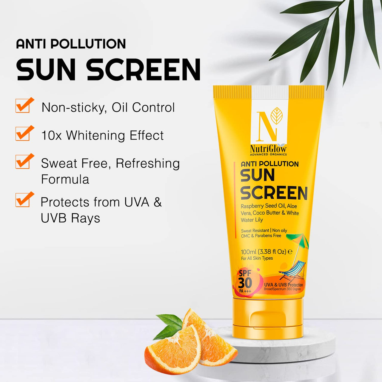 NutriGlow Advanced Organics Anti Pollution Sun Screen SPF 30 PA+++ With Aloe Vera Extract For Non Greasy Daily Moisturizer, Dry, Damage and Tan Free Skin, All Skin Types, 100 ml
