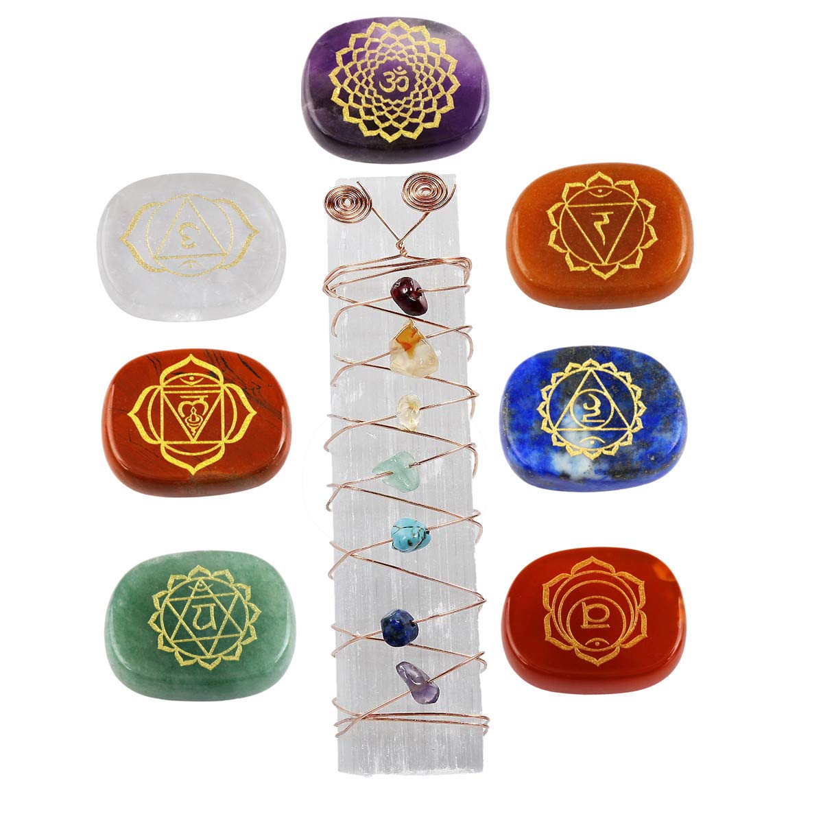 mookaitedecor Healing Crystals Set,7 Chakra Palm Stones & Crystal Selenite Wand Wire Wrapped Tumbled Chip Stone Kits for Reiki,Balancing 7 Chakra Palm Stones+3.1"-3.3" 7 Chakra Selenite Wand