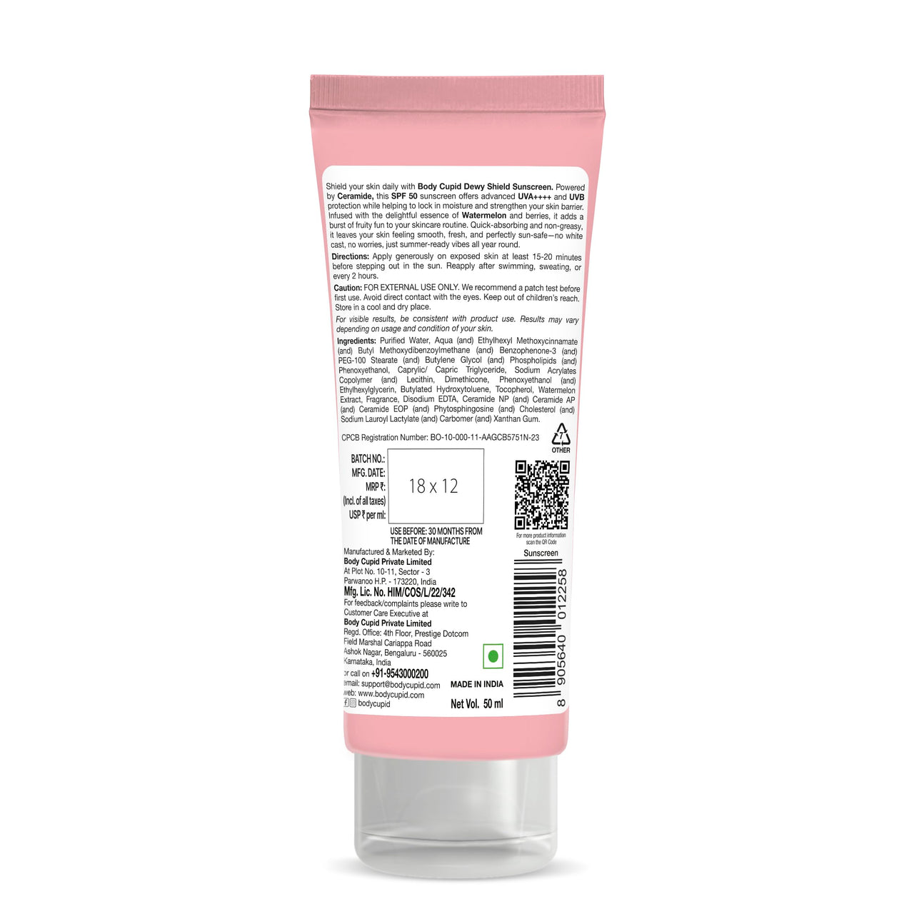 Body Cupid Dewy Shield Sunscreen SPF 50 PA++++ | UVA & UVB Protection | Fruity Fresh | with Watermelon & Ceramide | No White Cast, Non-Sticky, Water-Resistant & Quick Absorbing | All Skin Types | 50ml