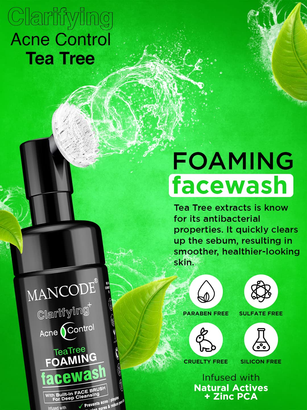 Mancode Acne Control Tea Tree Foaming Facial Wash | with Built in Brush Face Wash For Men Deep Cleansing Face | For Oily & Dry Skin | Anti Acne | Gentle Clear Skin | No Paraben Sulphate Silicone 150ml