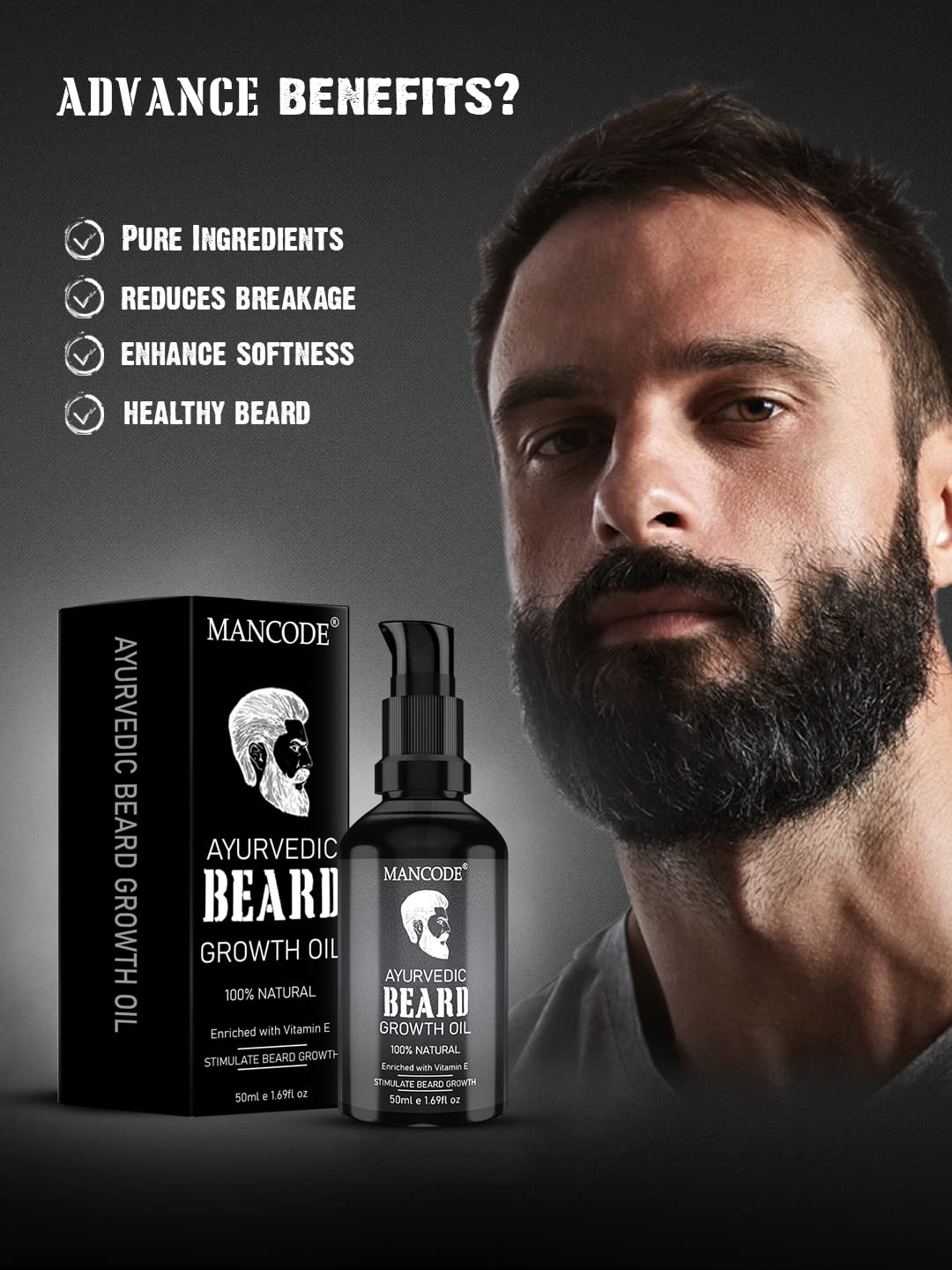 Mancode Ayurvedic Beard & Hair Growth Oil, 50ml | Natural hair oil for Thicker & Longer Beard | Beard Oil for uneven, patchy & Fast Beard Growth | 100% Natural