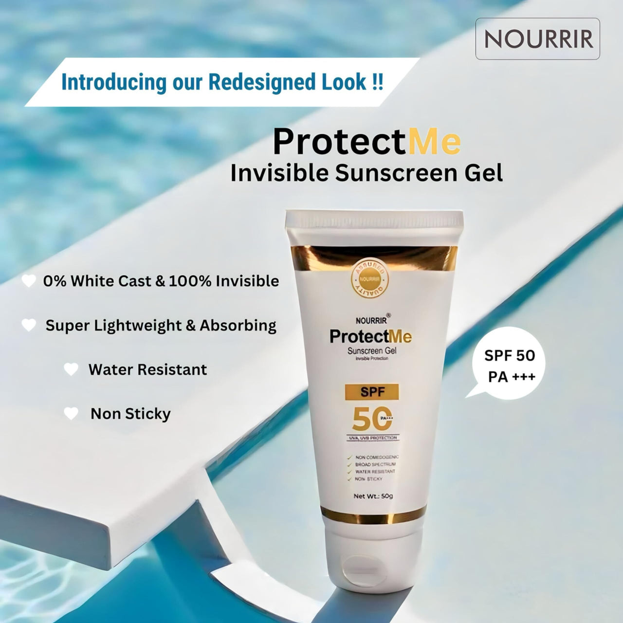 NOURRIR ProtectMe Sunscreen Gel SPF 50+, All Skin Types | Protection against UVA/UVB Rays | Water Resistant | Lightweight | Invisible | 50 gm.