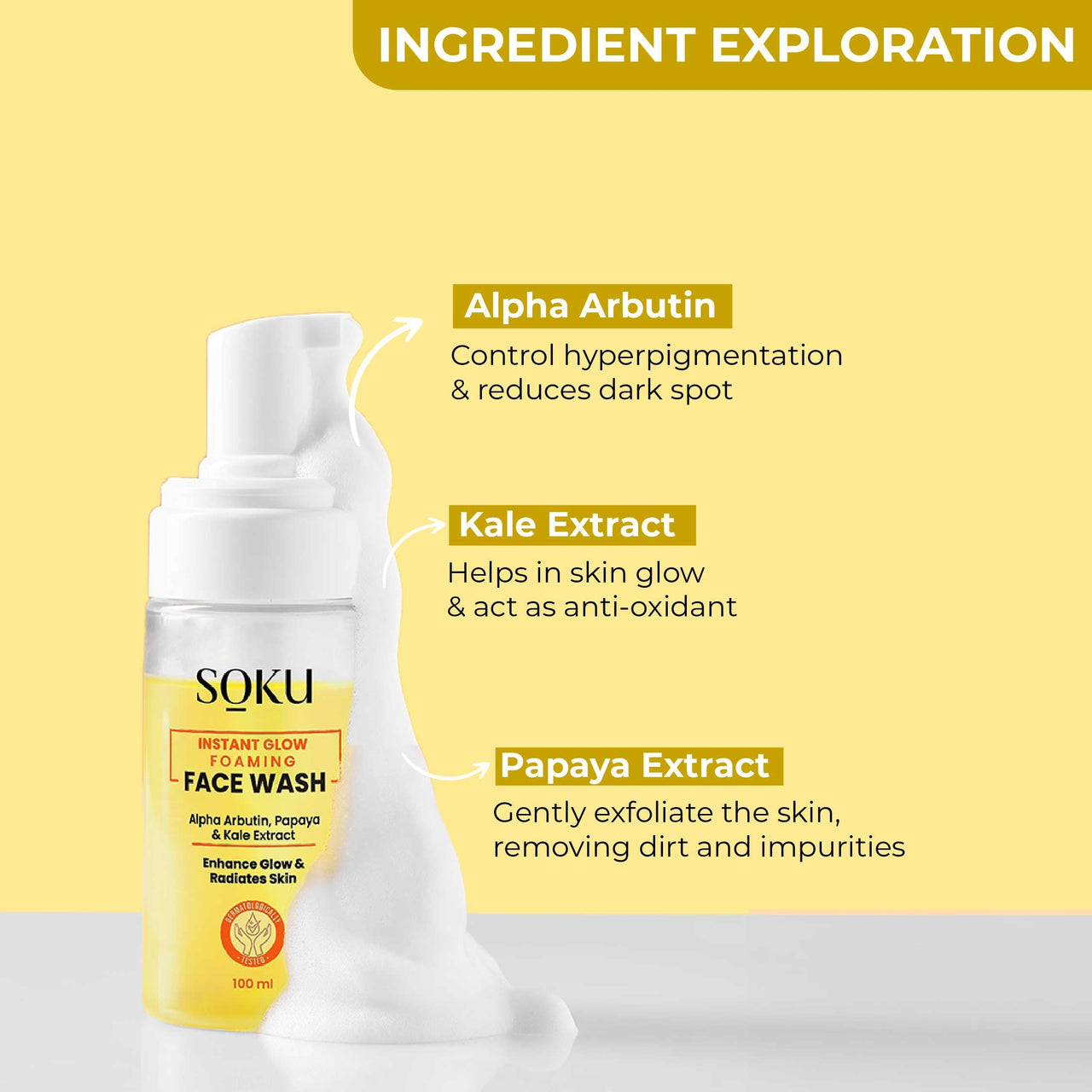 SOKU Instant Glow Foaming Facewash for Deep Cleansing | Enriched With Alpha Arbutin, Papaya & Kale Extract for Instant Brightening | Gentle Cleanser for Men & Women | Sulphate & Toxin Free