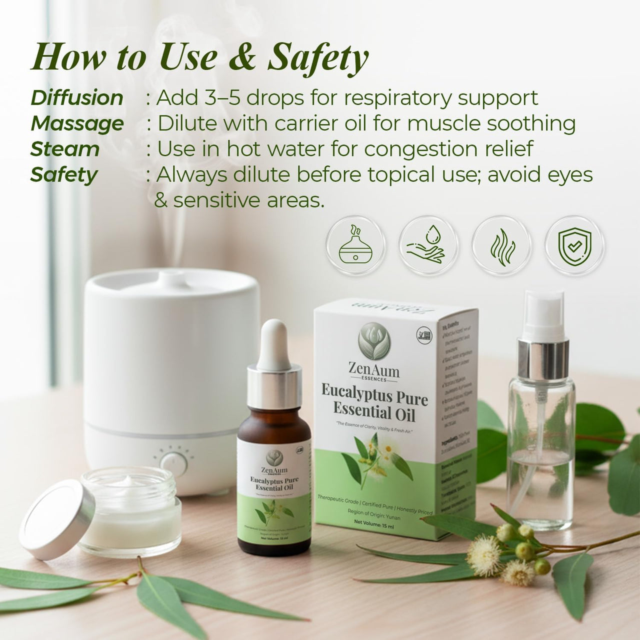 Zenaum Essences 100% Natural Eucalyptus Therapeutic Grade Essential Oil | 45ml (Pack of 3) | Respiratory Relief, Muscle Soothing & Aromatherapy | Sourced from Yunan, India | GMP, ISO & IFRA Certified