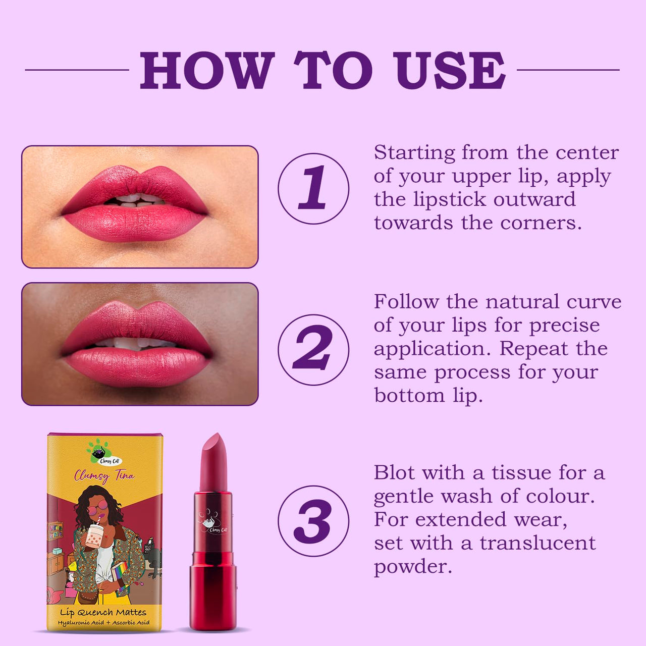 lumsy Cat Clumsy Tina Matte Lipstick – Magenta Shade | Long Lasting, Waterproof, Smudge-Proof & Non-Sticky | Bold Pink Lipstick for Women & Dusky Skin Tone | Hydrating Daily Use Lip Makeup for Office, College & Party