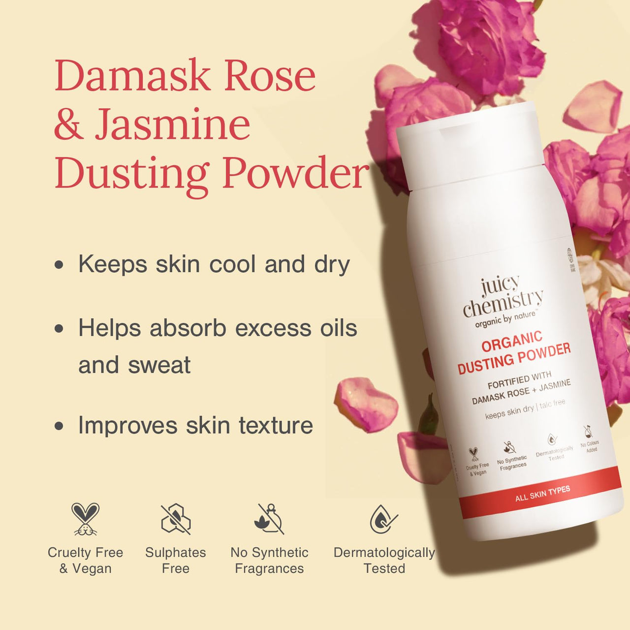 Juicy Chemistry Organic Anti Fungal Dusting Powder Fortified with Damask Rose & Jasmine 100g | Talcum Free Powder for Face & Body | Skin Brightening, Matte Finish & Oil Control | For Men, Women & Kids