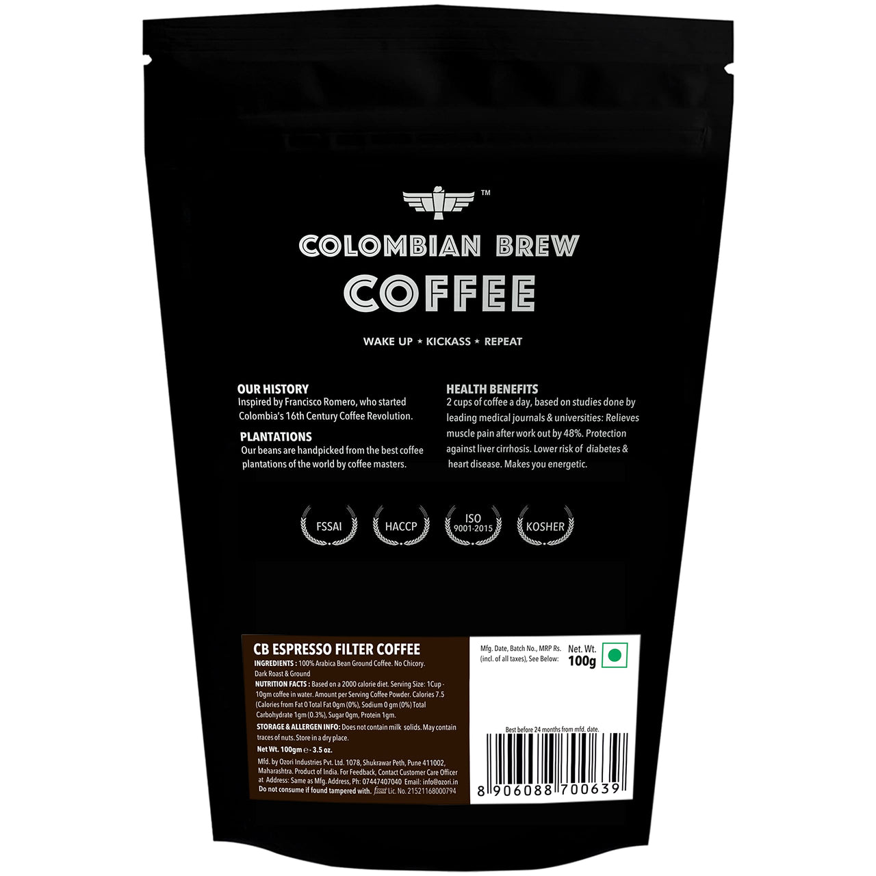 Colombian Brew Arabica Espresso Filter Coffee Powder, Roast & Ground Strong, 100g (Pack of 2)