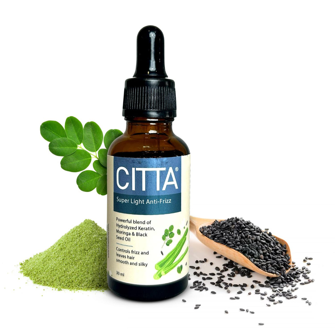 CITTA Super Light Anti-Frizz Hair Serum For All Scalp & Hair Types | Anti Hairfall Serum For Men & Women | Frizz Control Hair Serum With Moringa & Black Seed Oil | Lightweight Post-Shampoo Treatment | Tames Unruly Hair & Flyaways | 30 ml