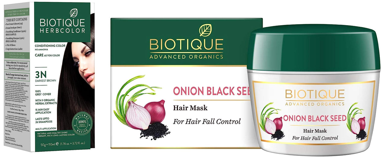 Biotique Bio Herbcolor Conditioning Hair Color, 50g + 110ml - Darkest Brown 3N (Pack of 1) & Biotique Onion Black Seed Hair Mask, Ideal for Hair Fall Control, 175g | Hair Nourishment, Hairfall control