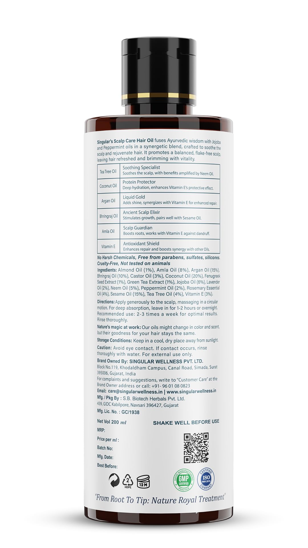 Singular Scalp Care Hair Oil for Scalp Soothing & Hair Reviving | Pure & Natural Cold Pressed Oil Infused with Nature's Best Tea Tree, Neem, Coconut, Argan, Bhringraj, Amla Oil with Vitamin E | Ideal for Nourishing Scalp & Strengthening Hair | 400 ml