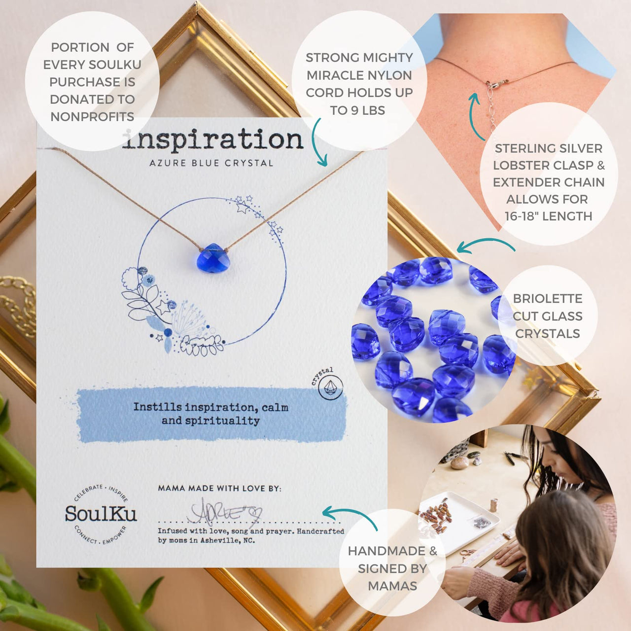 SoulKu Soul Shine Handmade Necklace, Empowering Jewelry With Healing Crystal, Inspirational Jewelry For Women, Mom & Sister, 2" Extender With Lobster Clasp, 16" Nylon Cord (Azure Blue, Inspiration)