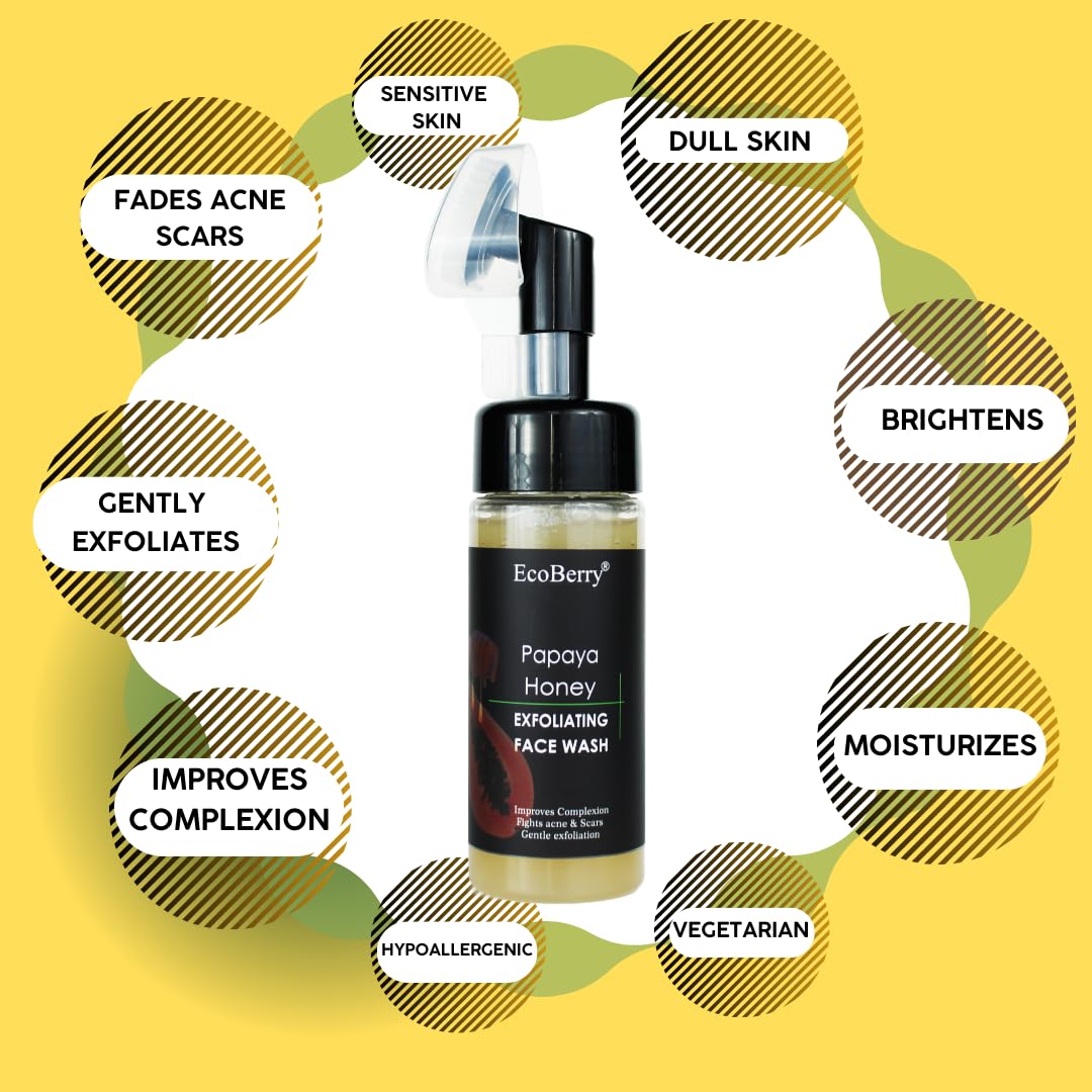 EcoBerry Papaya Honey Exfoliating Face Wash For Dull Skin, Dry Skin, Improve Complexion, Radiance, Moisturises, Exfoliation, Anti Ageing, Suits All Skin Types, Sulfate Free, Paraben Free, Veg, 150ml