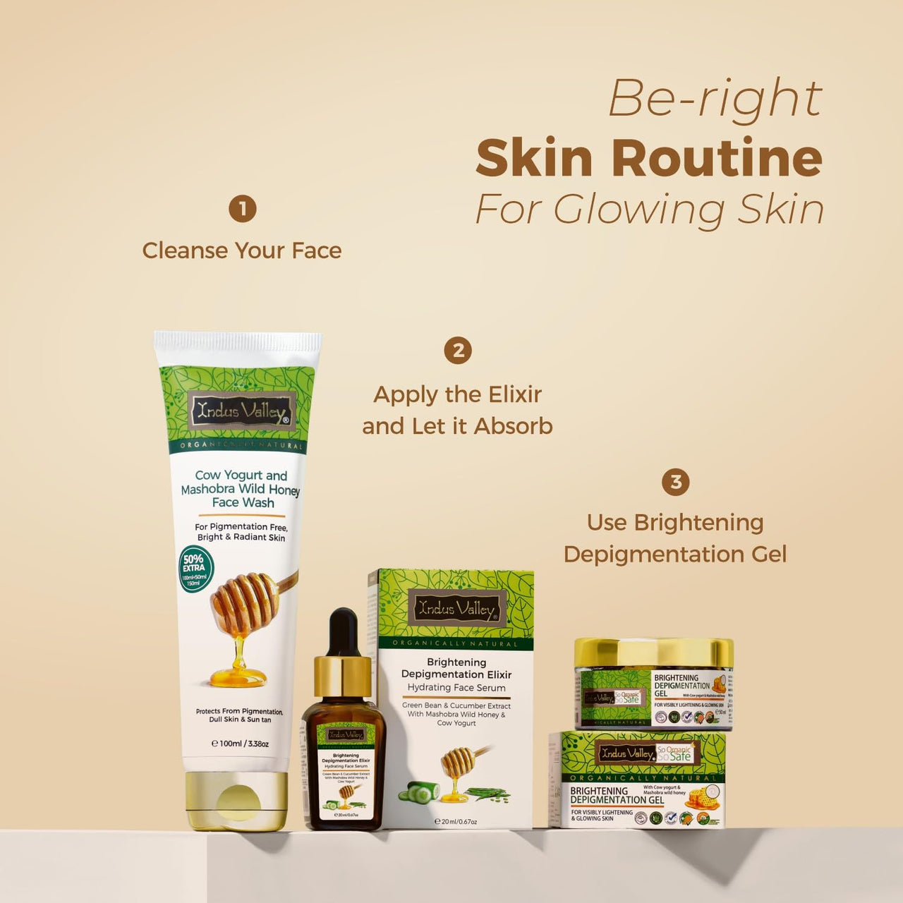 Indus Valley combo of Depigmentation Gel - 50 Ml + Depigmentation Elixir Serum - 20 Ml + Cow Yogurt And Mashobra Wild Honey Face Wash - 150 ml.