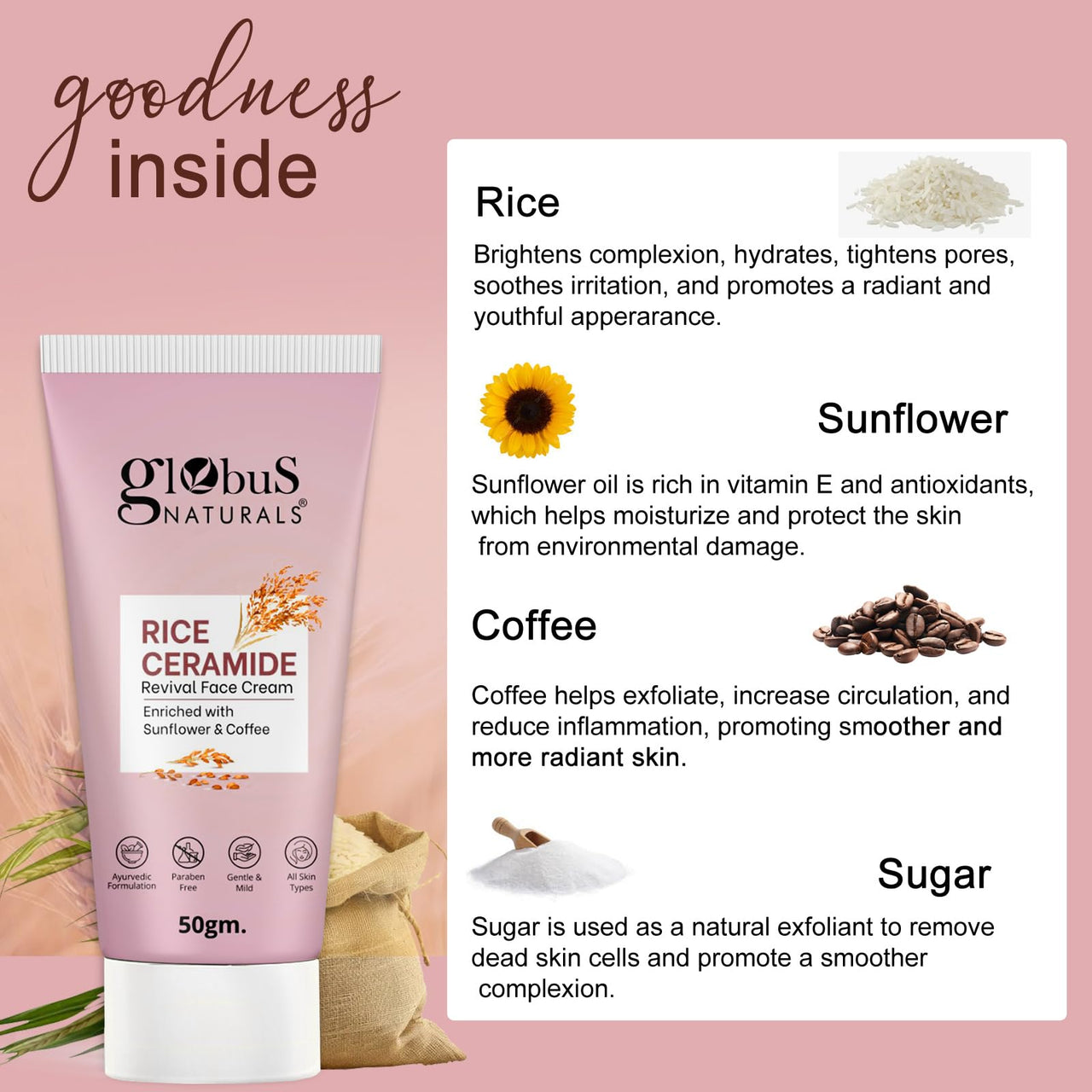 Globus Naturals Rice Ceramide Revival Face Cream, Enriched with Sunflower & Coffee, Ayurvedic Formula, Paraben Free, Gentle & Mild, Suitable For All Skin Types, 50 gm (Pack of 5)