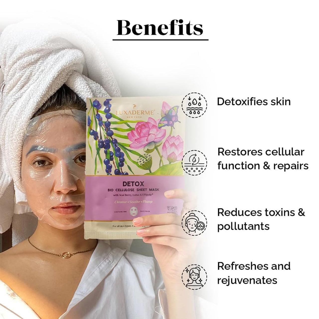 LuxaDerme Detox Bio Cellulose Sheet Mask | Detoxifies & Firms Skin | Anti-Pollution | All skin types | 100% Fermented Coconut Jelly (Pack of 1)