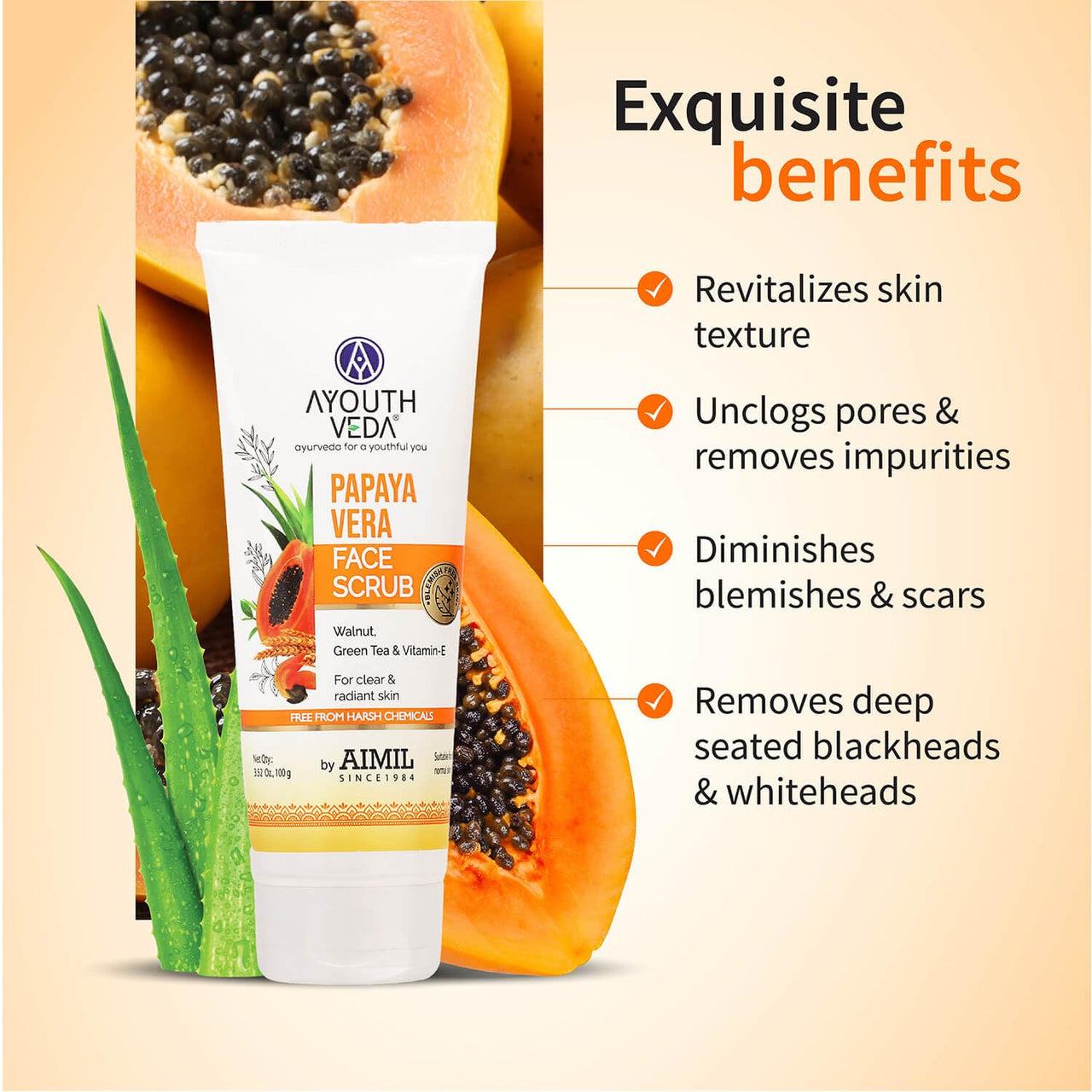 Ayouthveda Papaya Vera Face Scrub with Walnut, Green Tea & Vitamin E | Gently Exfoliates, Unclogs Pores & Brightens Skin | Suitable for Dry to Normal Skin Types| 100g