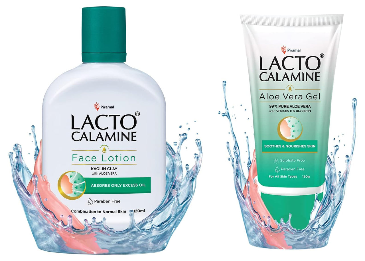 Lacto Calamine Face Lotion for Oil Balance - Combination to Normal Skin - 120 ml & Lacto Calamine Aloe Vera Gel with 99% Pure Natural Aloe Vera, Vitamin E and Glycerin - 150 g - Pack of 1