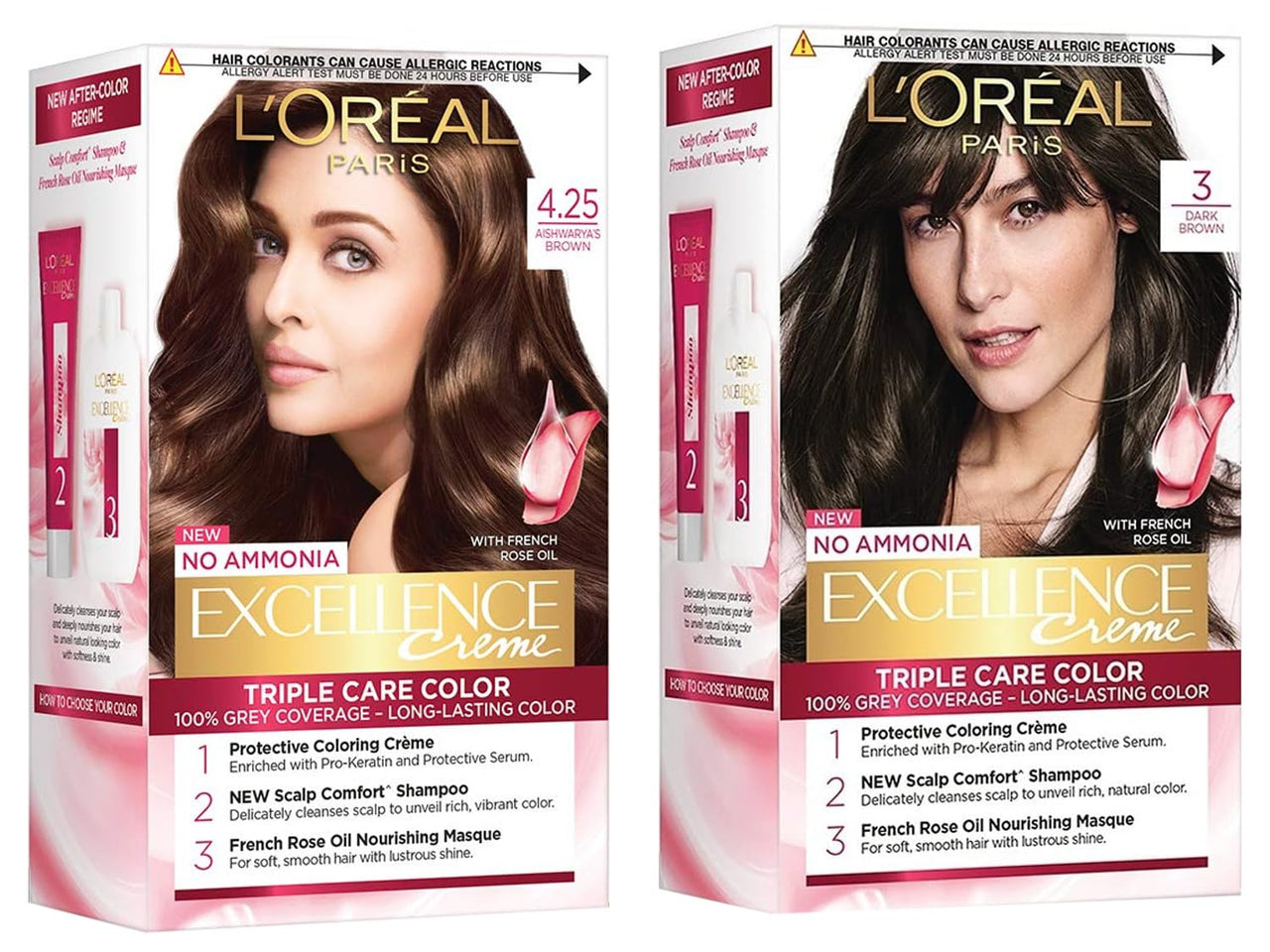 L'OREAL PARIS Permanent Hair Colour, Excellence Crème, 4.25 Aishwarya'S Brown & Permanent Hair Colour, Excellence Crème, 3 Natural Darkest Brown